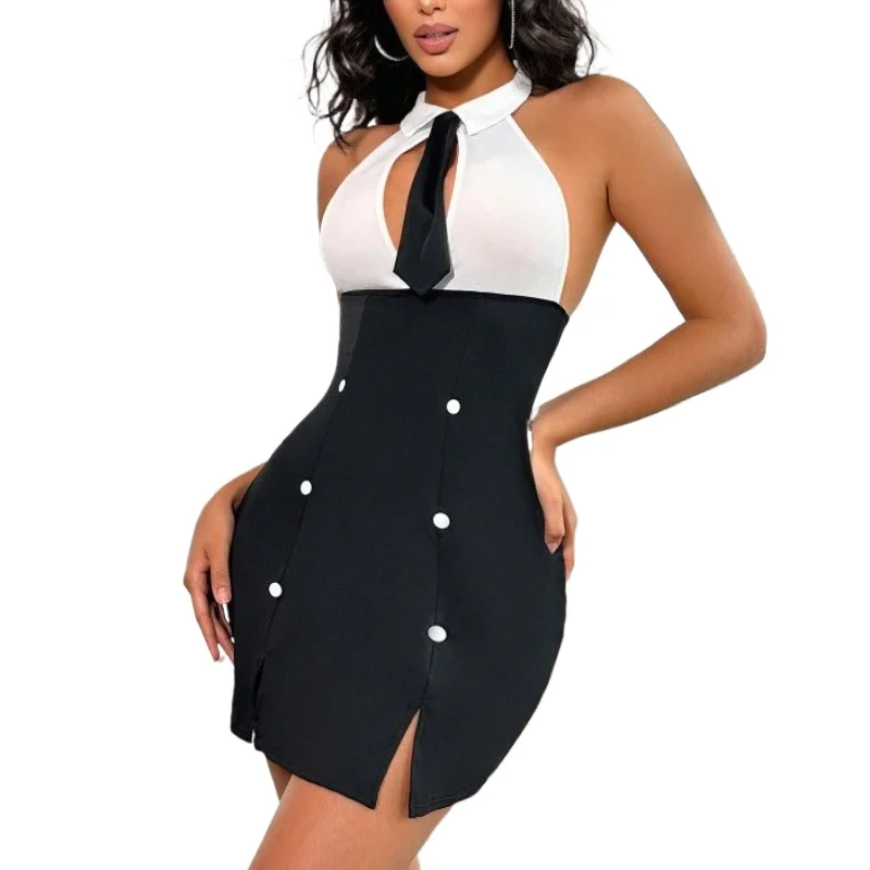 Sexy Sleeveless COS Secretary High Waist Slim Fit Short Skirt Role-playing Sexy Womens Dresses Backless Women's Pajamas Dress