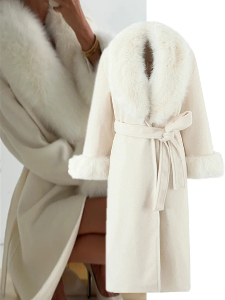 

Ele Long Woolen Coat with Large Fur Collar And Waist Belt Ladylike Sle Premium Quali Faionable Women's Outerwear