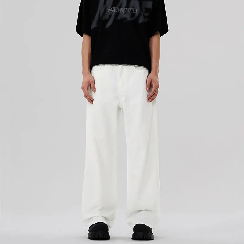 Summer Creamy-white Jeans Men's Loose Straight Trend Korean Street Fashion Pure Color Casual Versatile Wide-Leg Pants