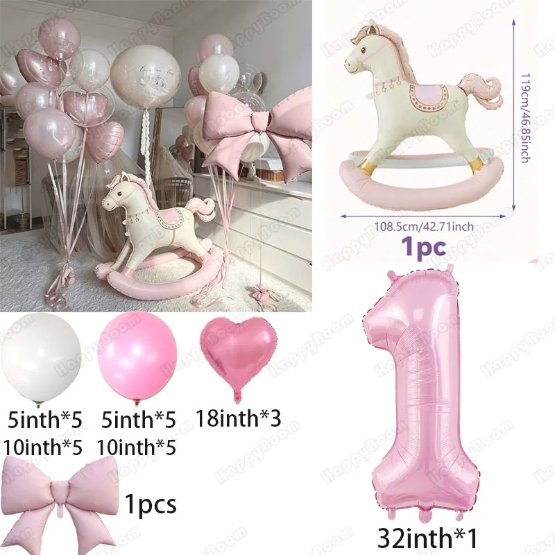 26pcs Pink 3D Rocking Horse Foil Balloon Pink 1-9 Number Girl Birthday Party Decoration Carousel-Themed Party Decor Props