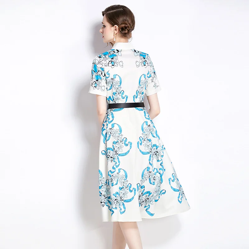 ฤดูร้อนผู้หญิงวินเทจพิมพ์รันเวย์เดรสหรูหราเปิดลงปกเสื้อพรรคเดรสด้วยเข็มขัด