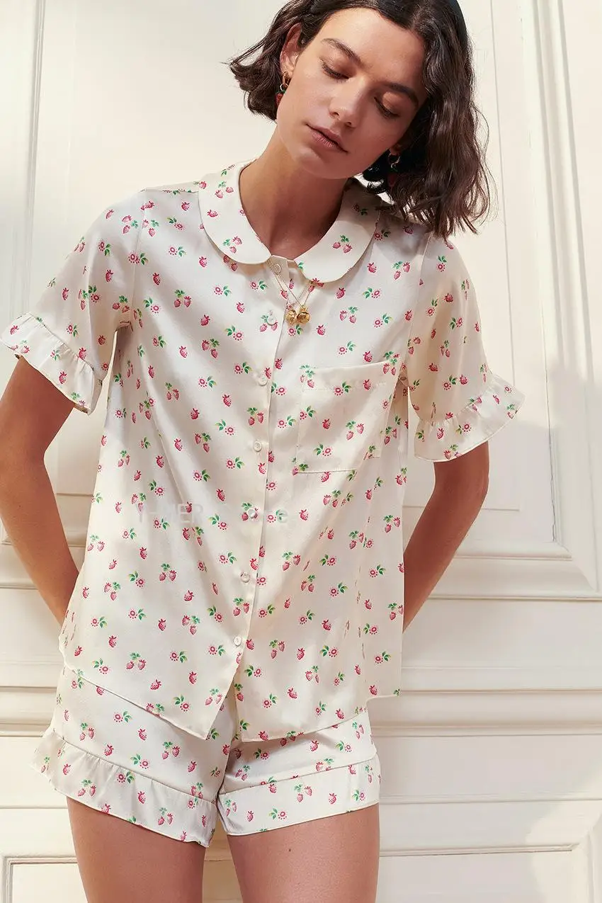 Lapel Printed Ruffle Short Sleeve Shorts Two Piece Comfortable Ladies Women European Autumn Winter Imitated Silk Pajama Set