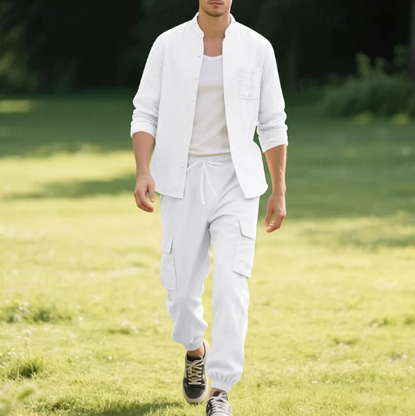 Men's Cotton Linen Summer Suit Lightweight Breathable Casual Two Piece Set Comfortable Outdoor Wear - Image 2