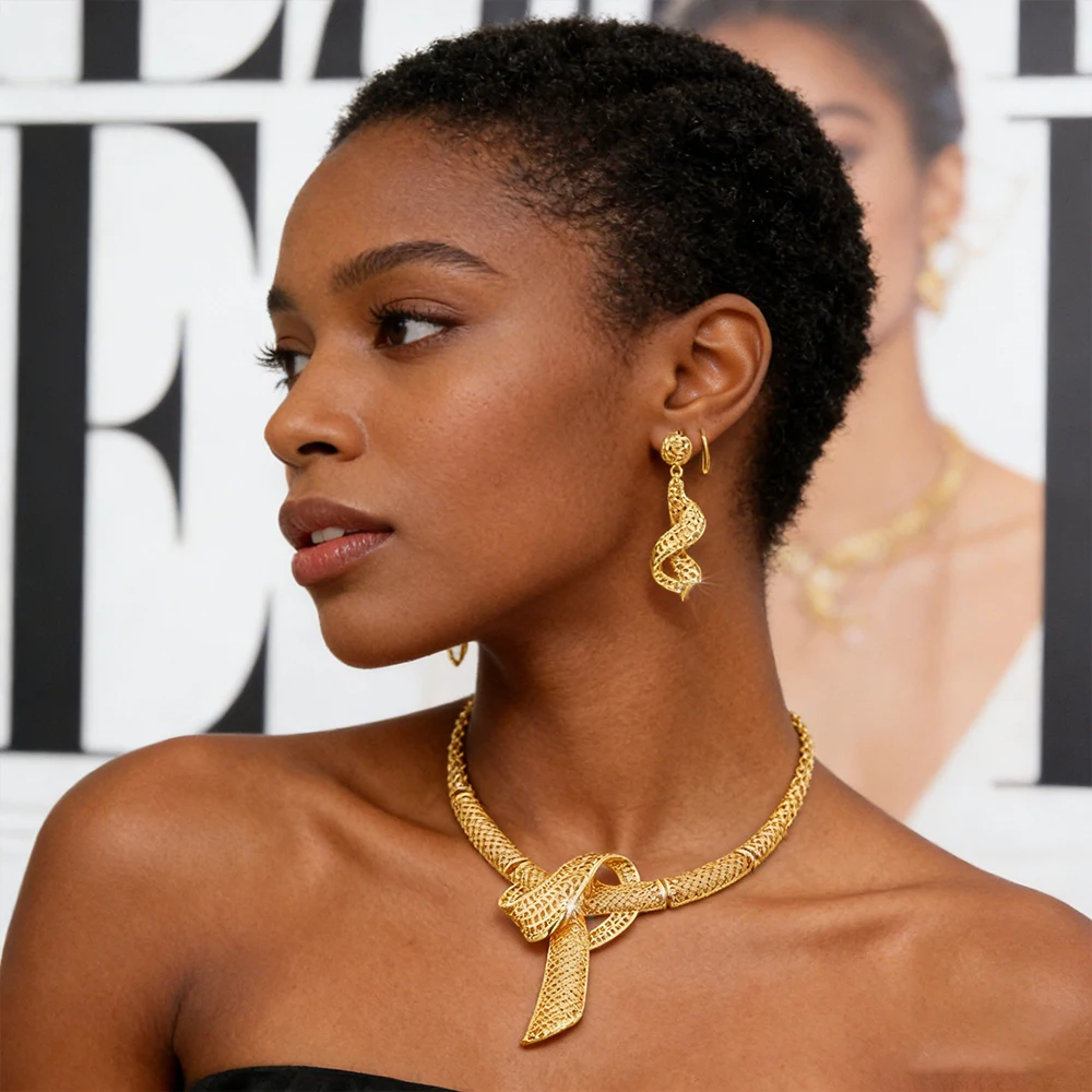 

African Drop Earrings Set Dubai Necklace Luxury Women Jewelry Gold Color Design Necklace Earrings Jewelry Wedding Gifts Party