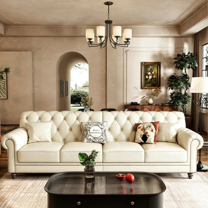 American cream style light luxury leather sofa small apartment living room four people three people Internet celebrity new retro