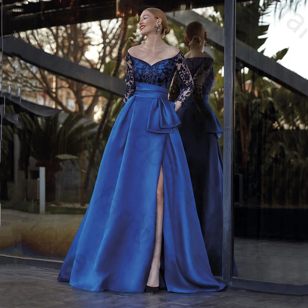 

Customized Newest Royal Blue Prom Dresses Lace Sequined A Line High Slit Gown Off Shoulder Evening Party Gowns Vestidos De Fies