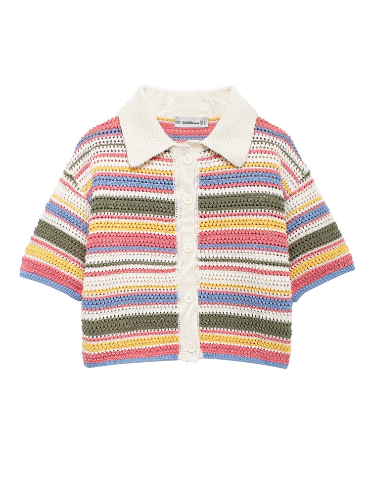 KAOPU ZA damski sweter szydełkowy top vintage koszulka polo kołnierz krótkie rękawy zapinana na guziki damska odzież wierzchnia eleganckie topy