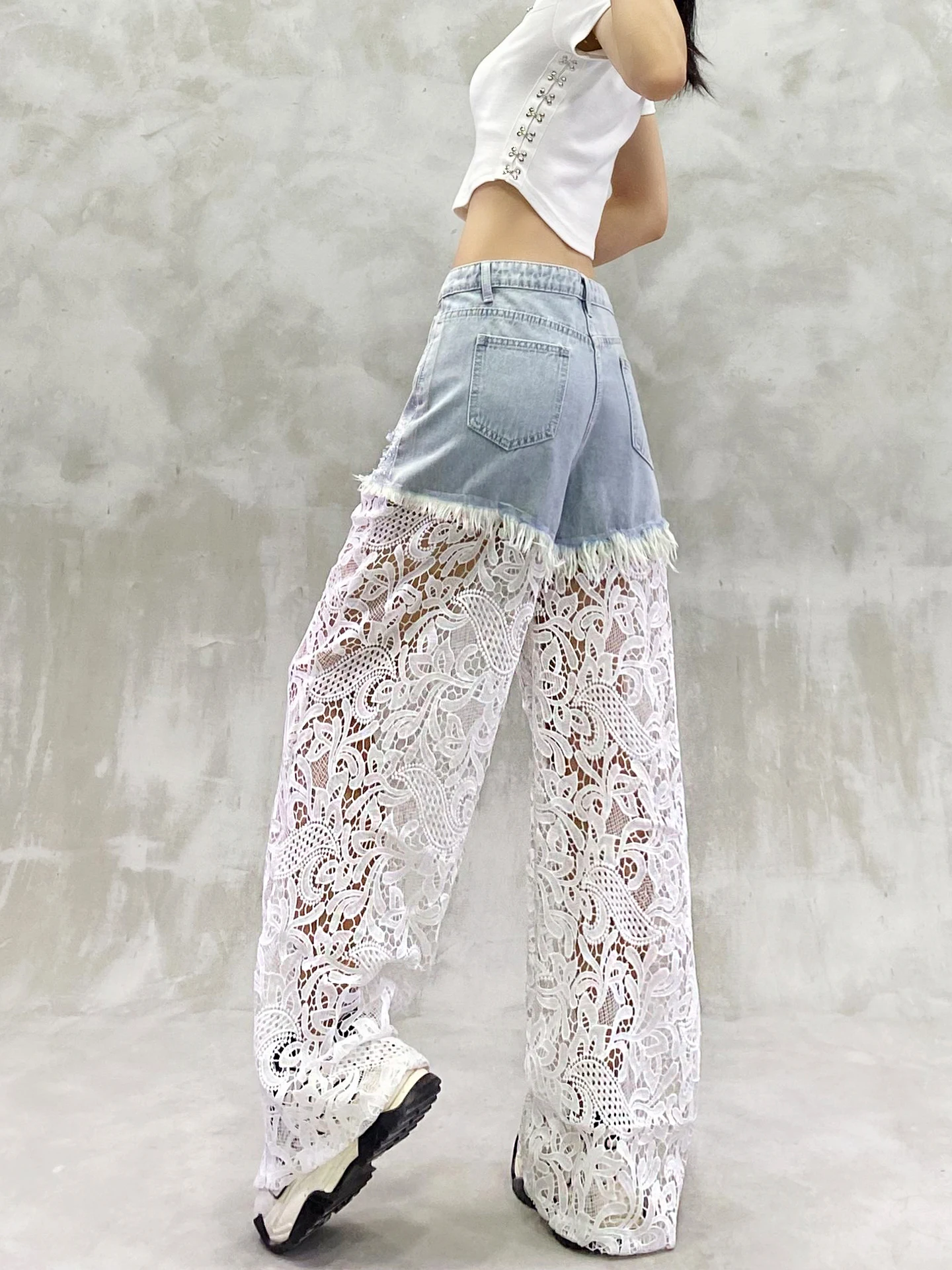 2025 Summer New Women's Lace Patchwork Design Casual Jeans High Waist Loose Slimming Versatile Hollow Out Wide Leg Pants