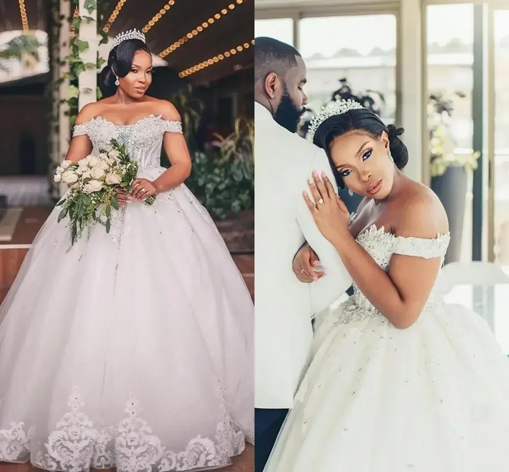 Customize Bling Beaded African Wedding Dresses Off Shoulders Fluffy Tulle Lace Country Wedding Dress Pregnant Castle Church Brid
