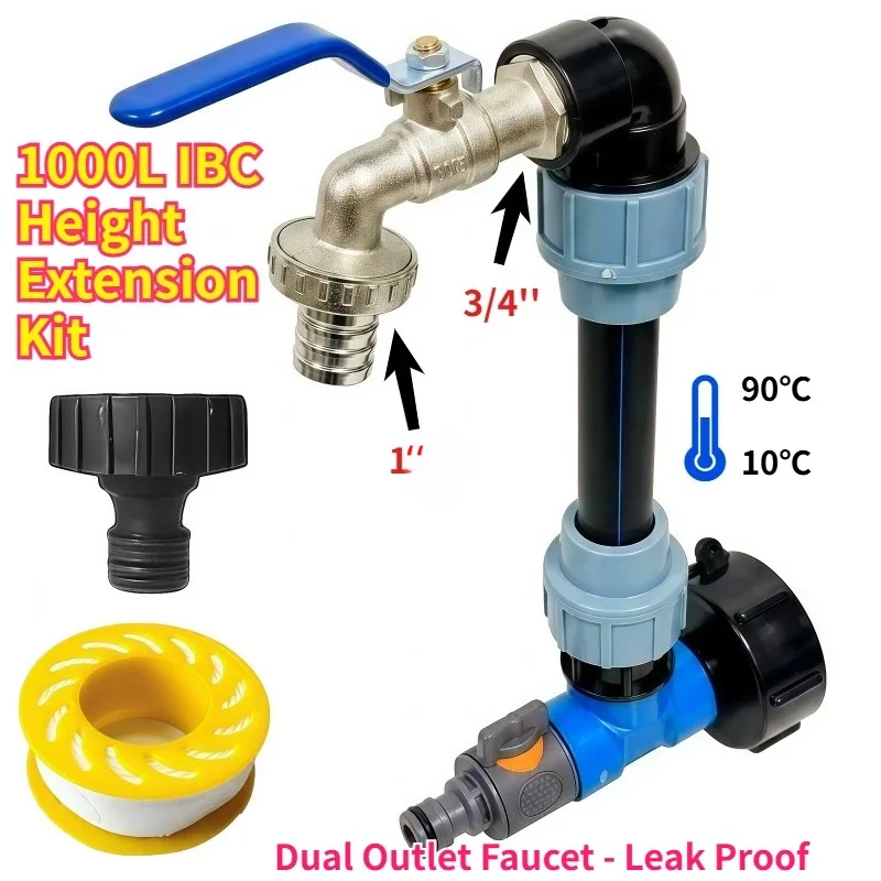 1000L IBC Tank Height Extension Kit - T Connector Quick Coupling Dual Outlet Faucet Riser Set