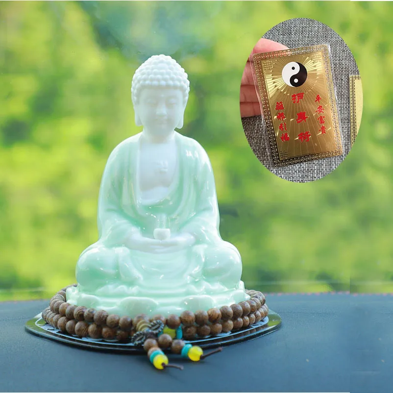 GOOD Mascot # Thailand HOME CAR Bless safety healthy Sakyamuni Amitabha Porcelain buddha statue + all powerful gold card Amulet