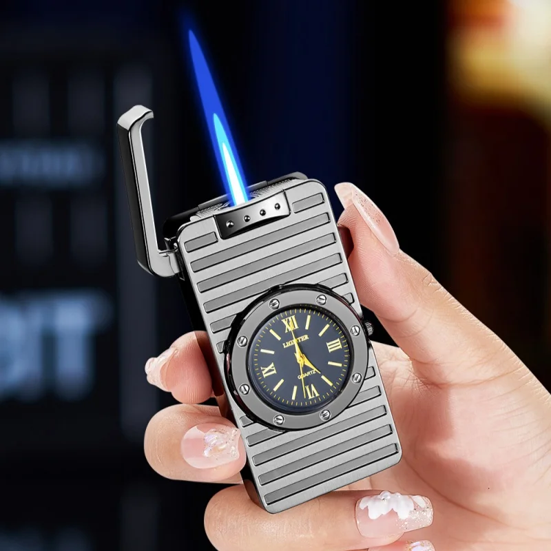 

New metal watch inflatable lighter windproof jet flame band embossed quartz dial portable lighter men's smoking gift