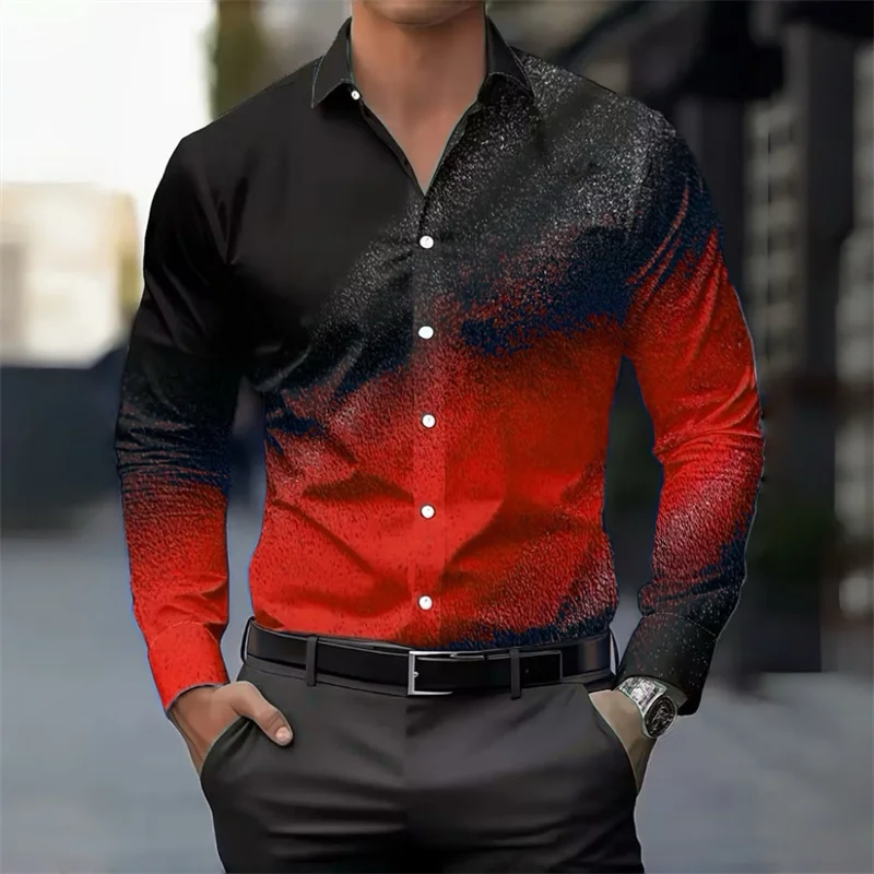 

Мужская рубашка с градиентным принтом, с длинными рукавами, приталенного кроя, черно-красного градиента, деловой повседневный, дышащий, универсальный мужской топ.