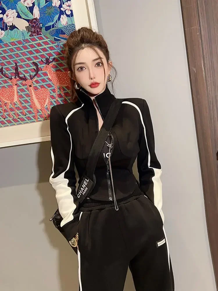 Jacket and Pant Sets for Women 2 Pieces Black Spring Autumn Wide Leg Trousers Woman Comfortable Luxury Aesthetic Y2k Streetwear