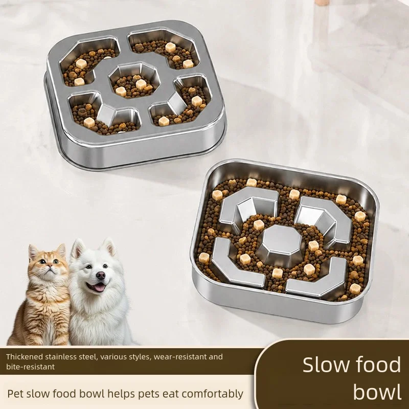 304 Square Stainless Steel Slow Feeder Bowl Pet Tableware Cat Dog Large Dog Anti-Tip Slow Feeder Bowl Pet Supplies