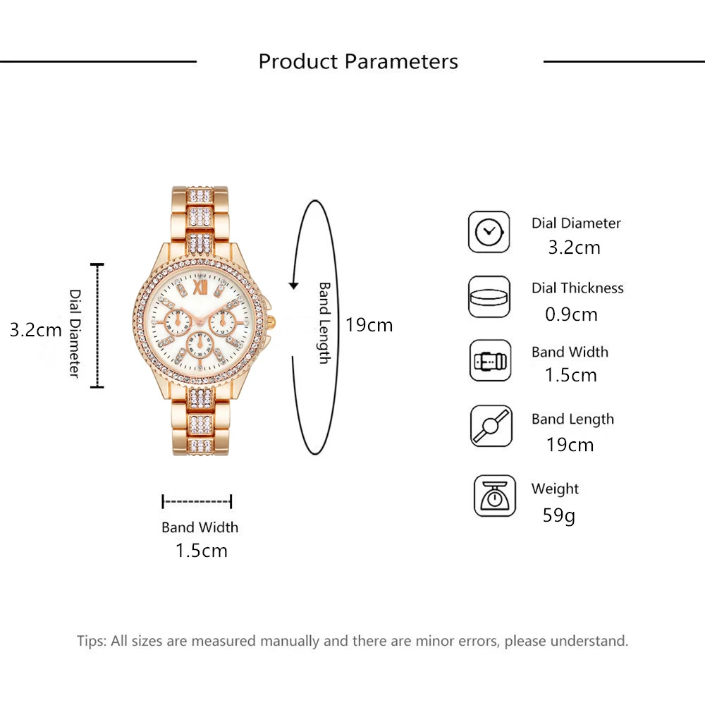 Luxury Three Eyes With Diamonds Women Quartz Watch New Fashion Brand Lady Watches Rose Gold Stainless Steel Bracelet Gift Clock