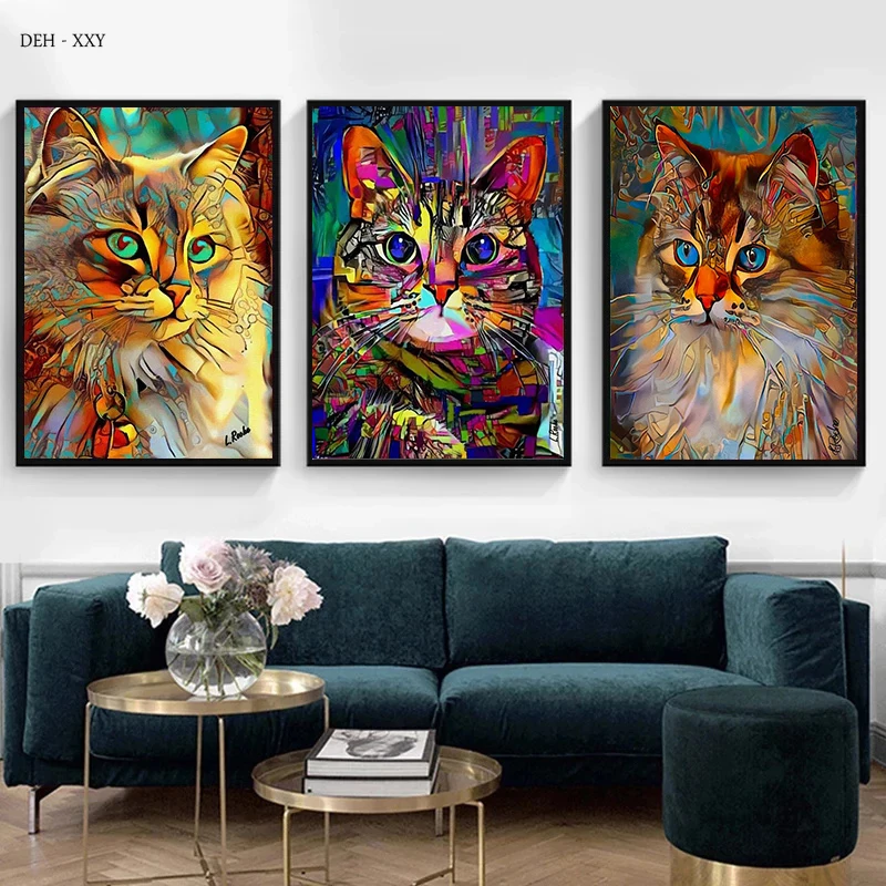 

Abstract Pet Cats Art Canvas Painting Posters Prints Animal Cat Wall Pictures for Modern Home Living Room Decor No Frame