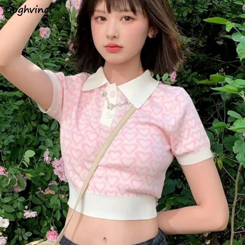 T-Shirts Women Summer Crop Tops Knitting Geometric Sweet Girls Slim Aesthetic Stylish Popular Students Korean Style Hot Sale Ins