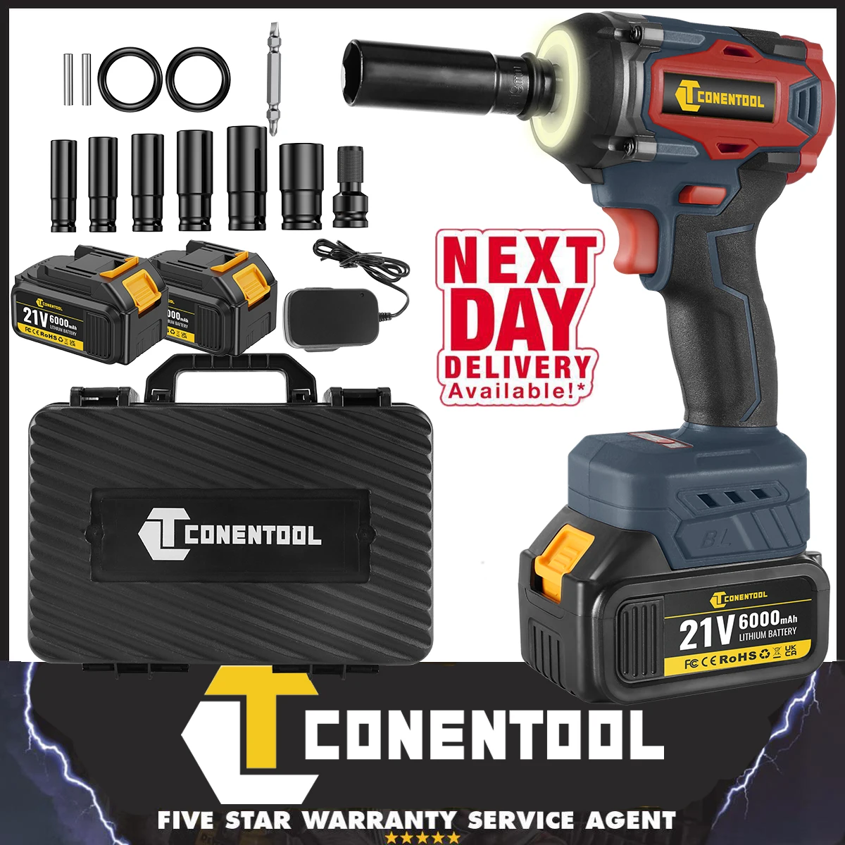 CONENTOOL 21V Cordless Impact Wrench, 1/2in Brushless, 520Nm, 2x 6000mAh Batteries Set, Electric Impact Gun for Car and Home