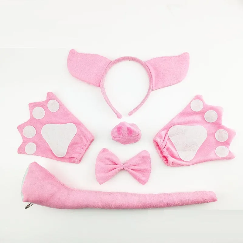 Party Women Children Headbands Pig Ears Headband  Tail Tie Paw Nose Animal  Hair Bands Plush Birthday  Halloween Costume Cosplay