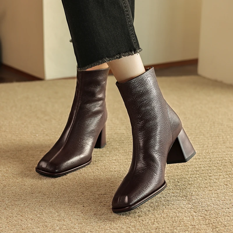 High Quality Genuine Leather Ankle Boots Square Toe Zipper Chunky High Heels Autumn Black Boots Big Size 34-42 Shoes for Women