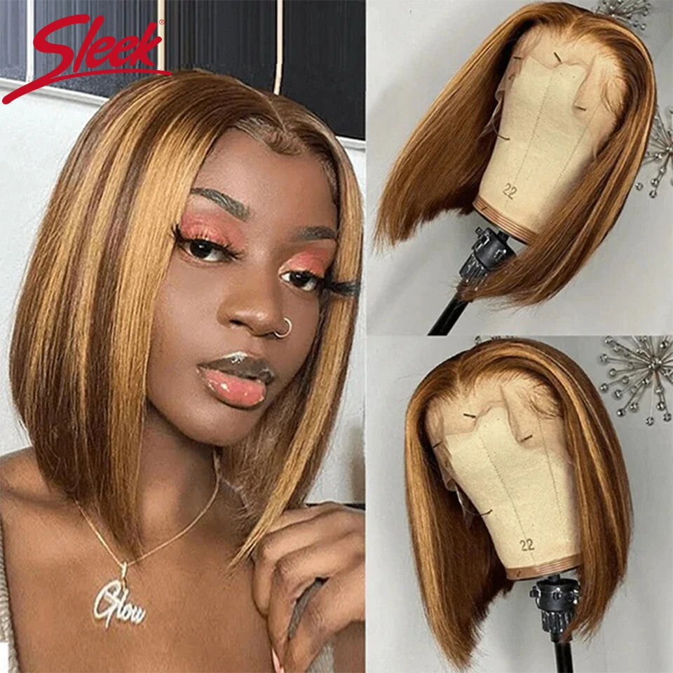 Sleek Highlight Wig Colored Human Hair Wigs 13x6x1 Short Straight Bob Wig P4/27 Highlight T Lace Brazilian Hair Wigs Black Wigs