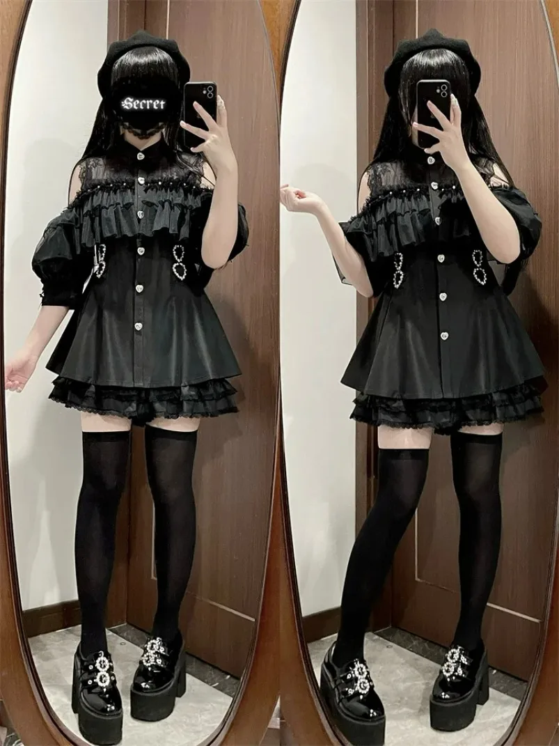 Japanese Mine Mass-produced Off-the-shoulder Mesh Cape Long-sleeved Plaid Dress and Shorts Set Women's Lolita Autumn Outfits