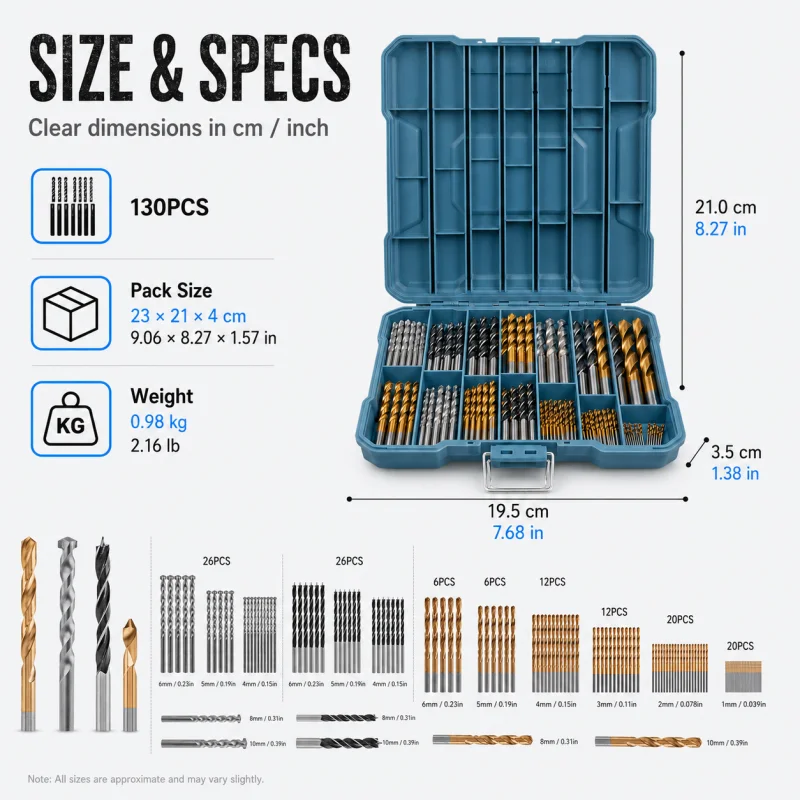 130‑Piece Multi‑Purpose Twist Drill Bit Set HSS Masonry Wood Bits with Organized Storage Box for Household Drilling Tasks