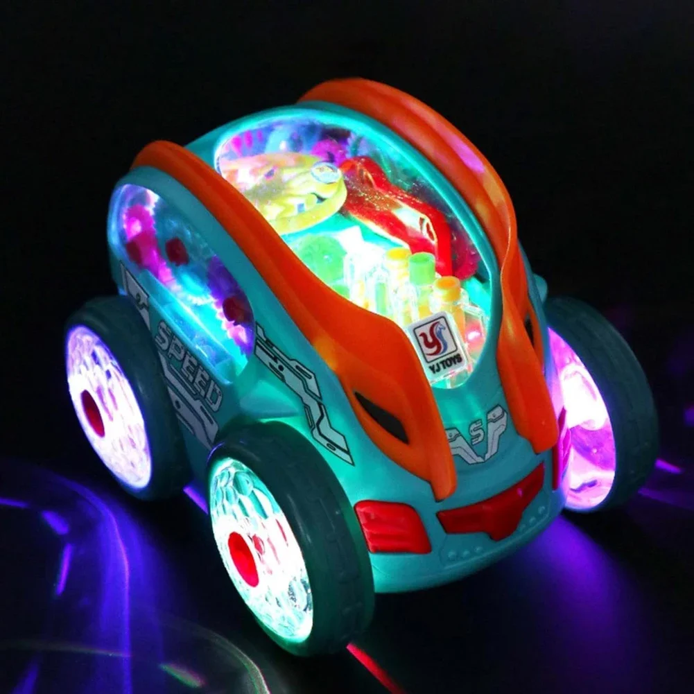Cartoon per bambini Gear Car Toy Lights Musica Pull-back Trasparente Stunt Car Giocattolo scorrevole Ragazzo Ragazza Elettrico Stunt Rolling Car Toy