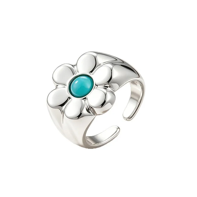 GANPUP Delicate Flower Turquoise Adjustable Finger Rings For Women Creative Fashion New Ring Jewelry Couple Gift Party