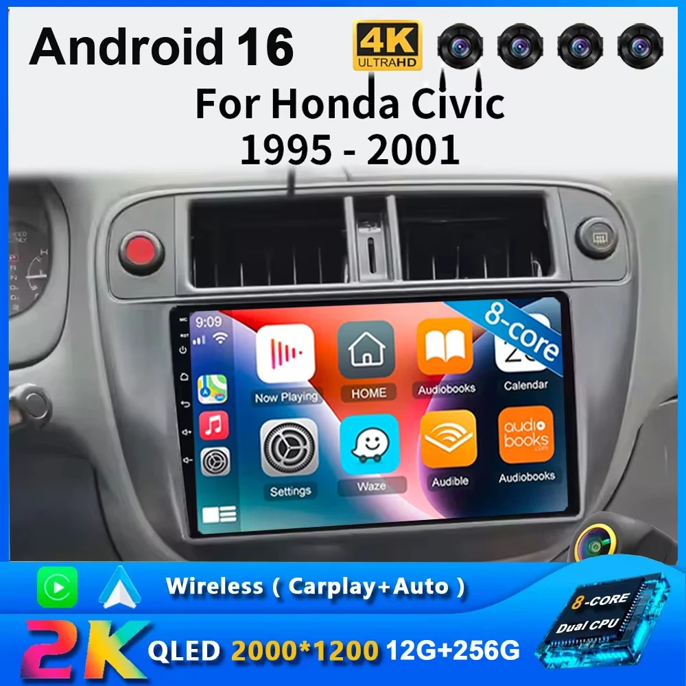 Android 16 12G+256G Car Radio Stereo GPS Player For Honda Civic 6 EK EM 1995-1998 CarPlay 3D Real-Time Dynamic Screen Video