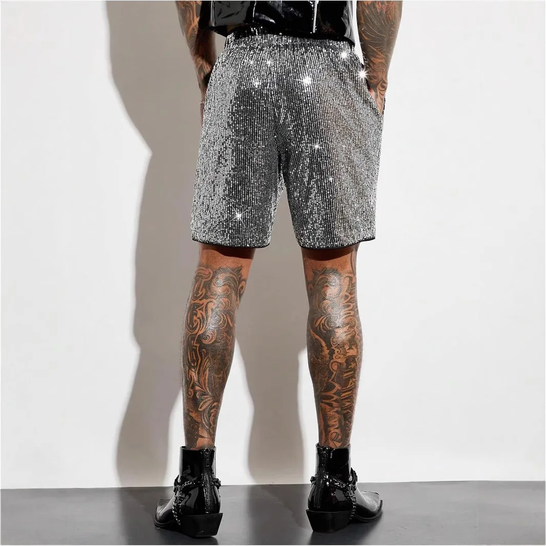 

Summer and Autumn Leisure Nightclub Performance Pure Color Simple Shining Glitter Straight Shorts for Men