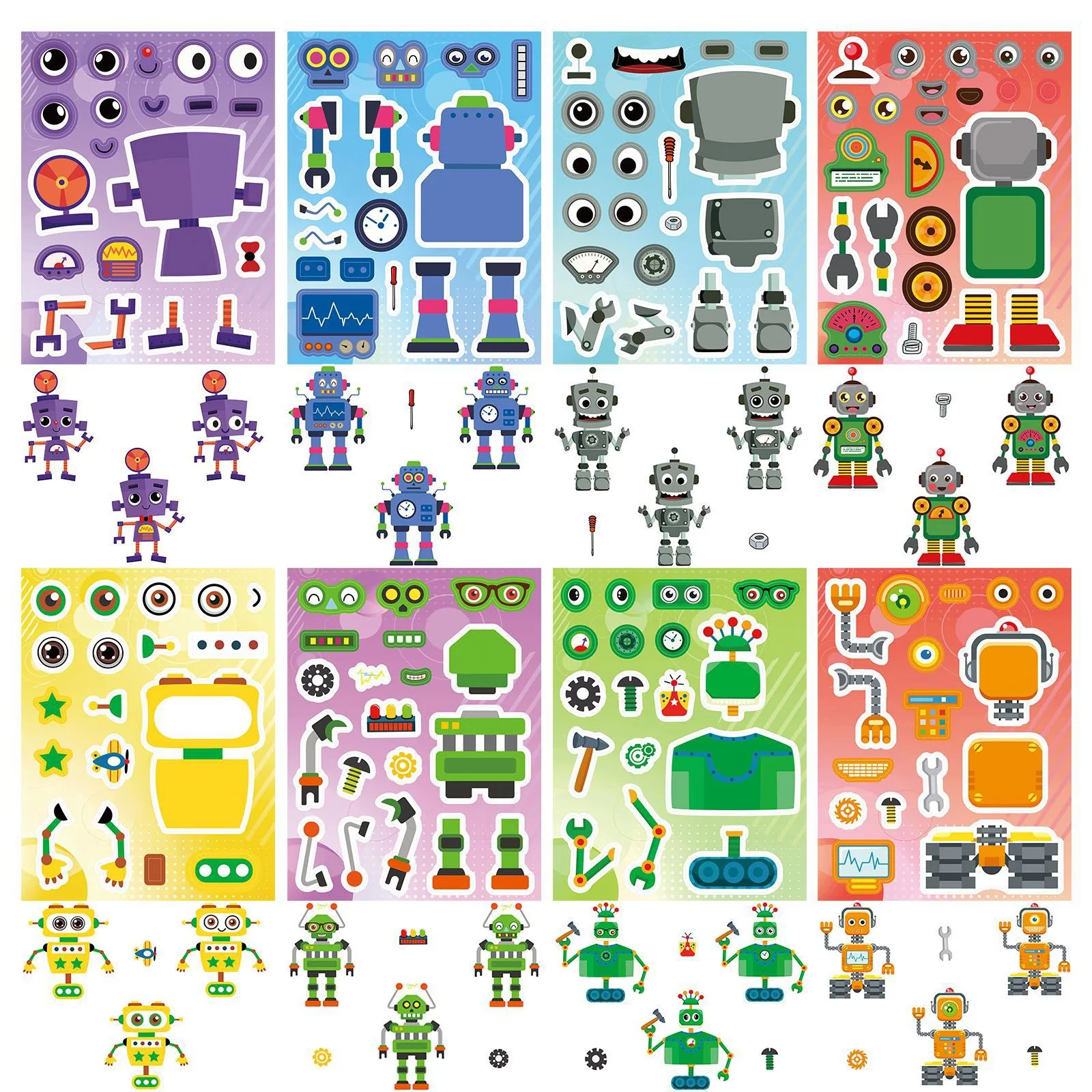 8/16Sheets Creative Make Your Own Robot Stickers Children DIY Toys Make A Face Sticker Puzzle Jigsaw Robots Decorations Gifts