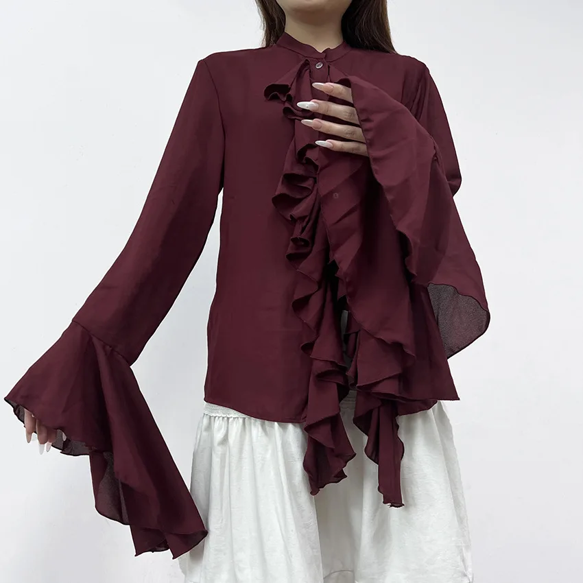 Elegant Retro Shirt Autumn Fashion New Round Neck Single Breasted Ruffle Bell Sleeve Burgundy Shirt Loose Casual Banquet Top