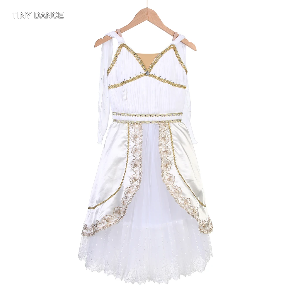 

Customized Professional Ballet Dance Costume Women White Romantic Tutu Skirt with Gold Sequin Decoration Ballerina Dresses