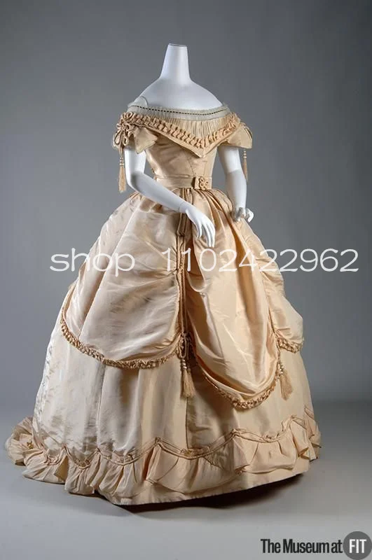 Champagne History Victorian Prom Dress Off Shoulder Ruched Pleated Bustle Civil War Belle Evening Gown Costume Halloween