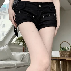 Summer Girls Korean Denim Shorts Lady Ultra Low Rise Y2k Designer Short Pants Female Black Rivet Hip Hop Wrap Hip Skinny Jeans