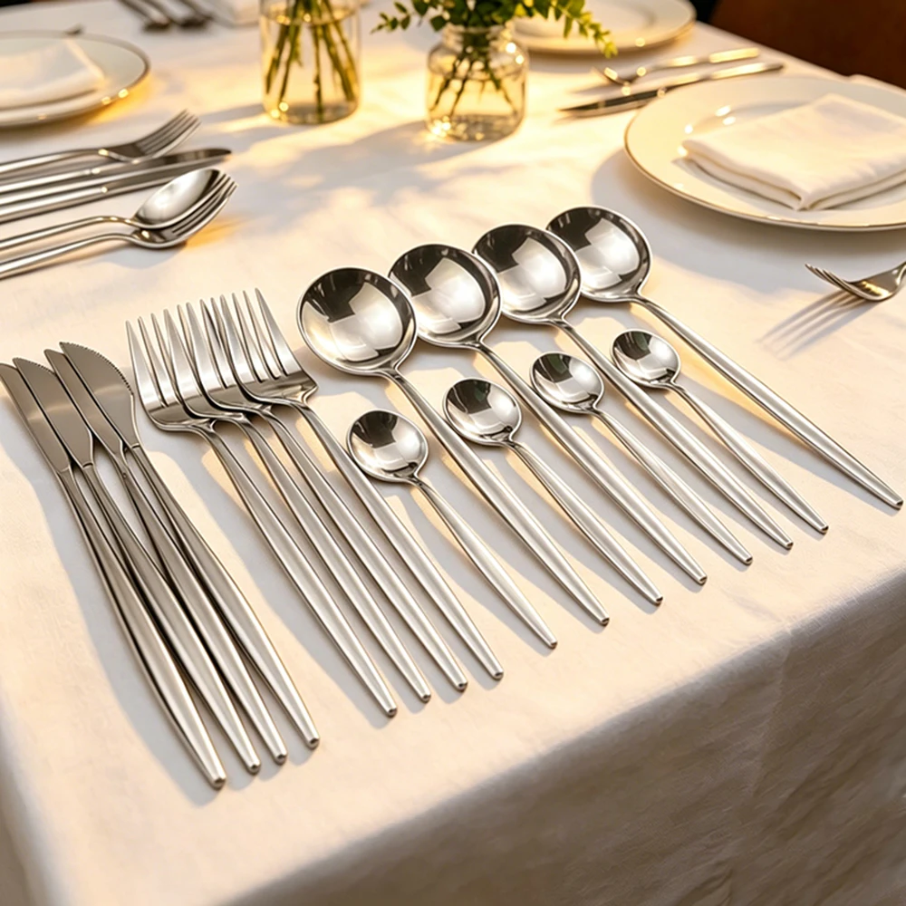 16Pcs Silver Dinnerware Set Stainless Steel Tableware Set Knife Fork Spoon Flatware Set Cutlery Set Knife Fork Spoon Tea Spoon