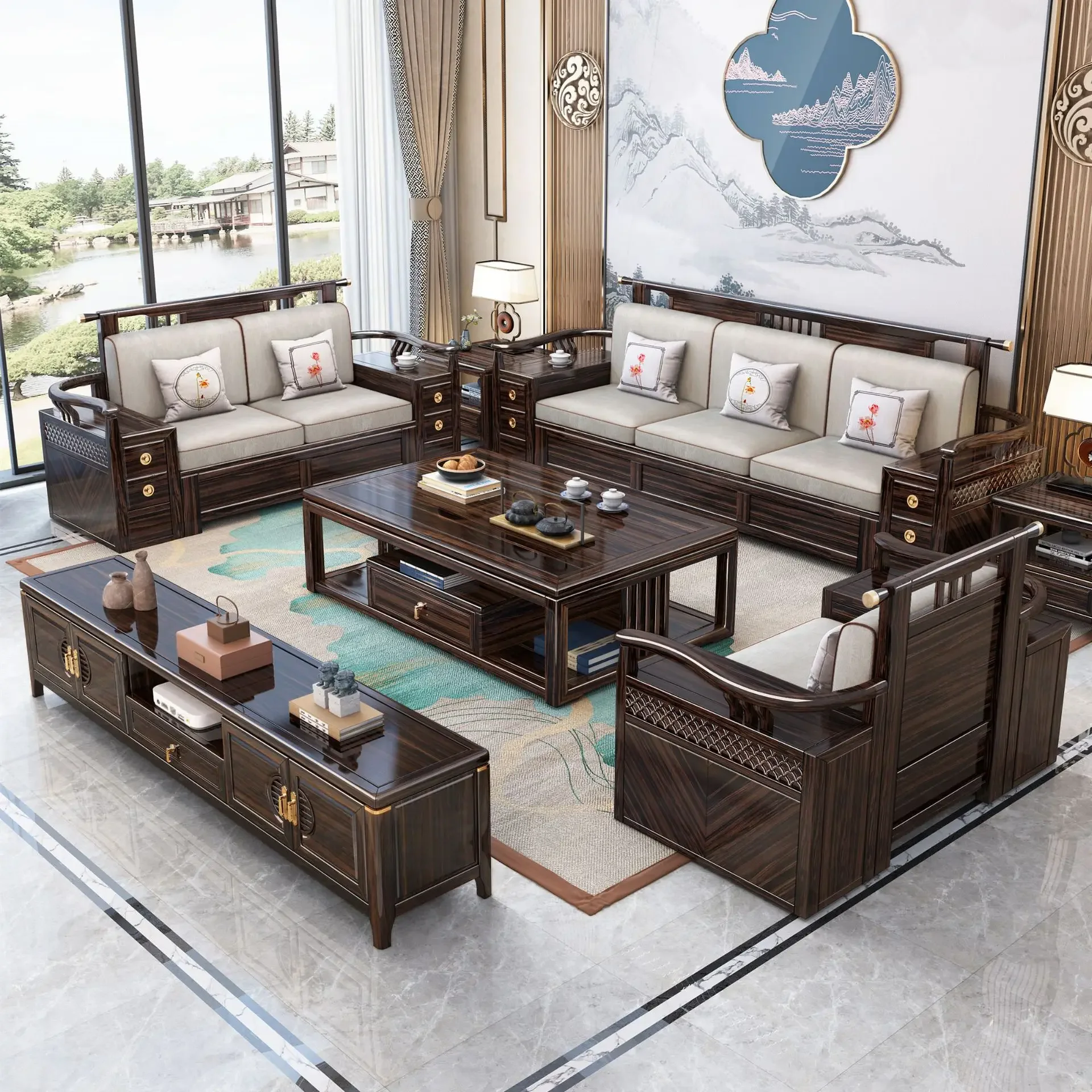 

New Chinese ebony sofa solid wood summer and winter dual-purpose modern living room full solid storage fabric