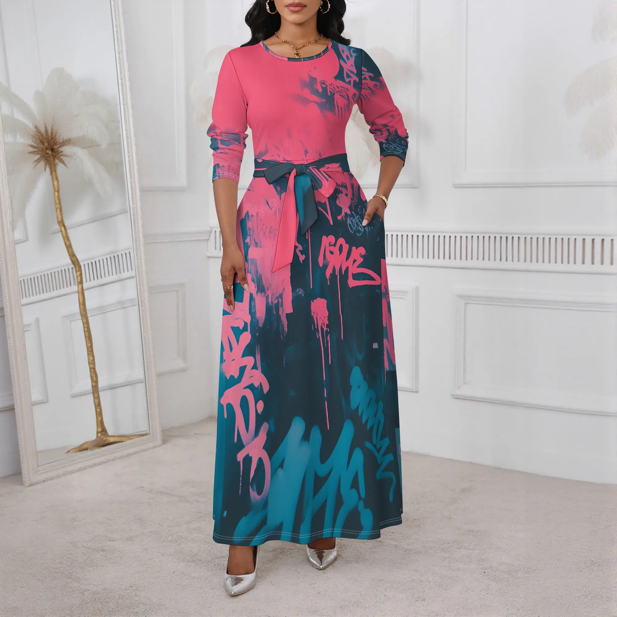 

Neon Graffiti Print Maxi Dress XS-3XL Round Neck Long Sleeve Belted Style for Pride Parade, Street Fest or Music Carnival Look
