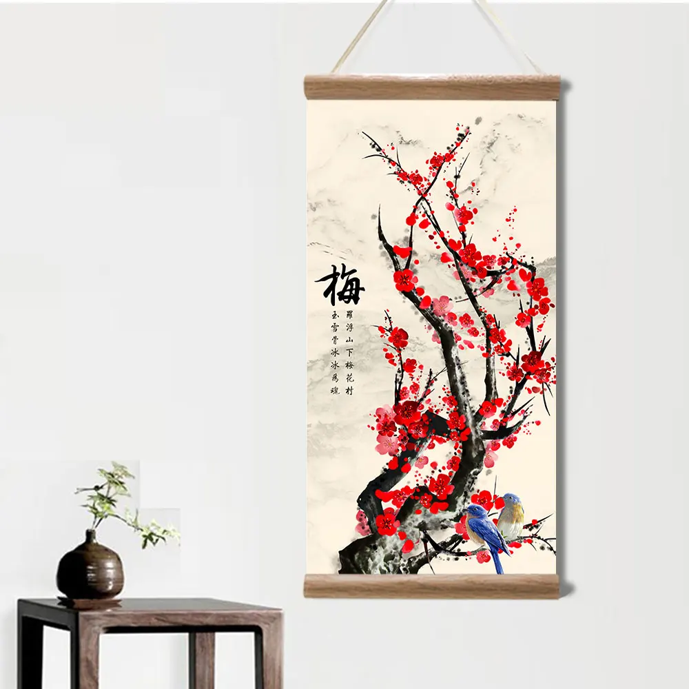 

Chinese Style Flower Plants Canvas Painting Decoracion for Bedroom Living Room Decor Wall Art Wood Scroll Paintings with Frame