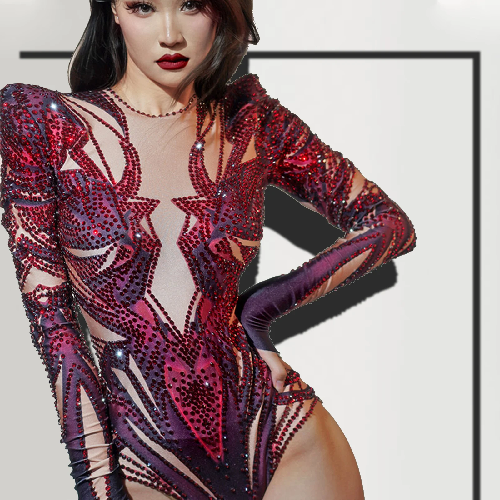

Luxury Dance Stage Rhinestone Red Bodysuit Women Leotard Performance Nightclub Singer Birthday Celebrate Outfit Photoshoot Wear