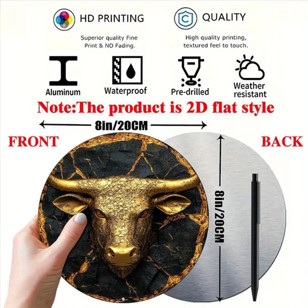Taurus Bull Head Metal Sign 8x8 Inch Vintage Wall Art, Golden Black Cracked Texture Home Office Decor