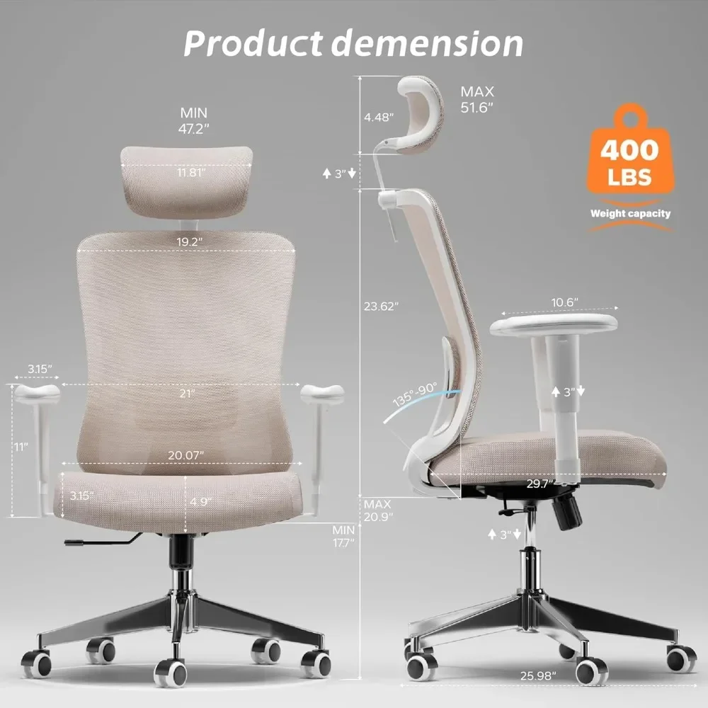 Silla ergonómica de escritorio para el hogar, asiento de escritorio de malla para ordenador, oficina en casa con reposacabezas ajustable y soporte Lumbar