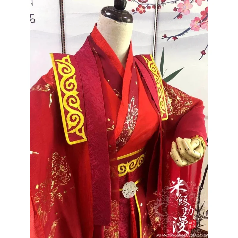 Kostum Cosplay Anime Mo Dao Zu Shi Lan Wangji Kostum Hua Cheng Kostum Gaun Pengantin Merah Hanfu Dewasa Pria Tradisional Tiongkok
