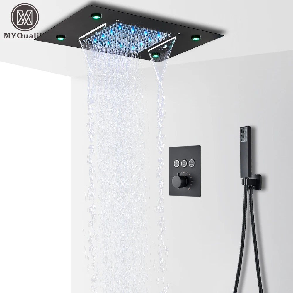 Black LED Thermostatic Bathroom Shower Faucet Set Rain Waterfall Bathtub Shower System Remote Control Colors Ceiling Mounted