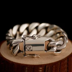 Domineering Thick Cuban Silver Bracelet Men's Trendy Punk Personality European Hip Hop Wide Version Silver Plated Bracelet