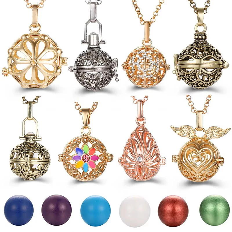 New Charm Mexico Chime Hollow Angel Wings Vintage Necklace Jewelry Music Ball Aroma Pendant For Women Summer Fashion Accessories