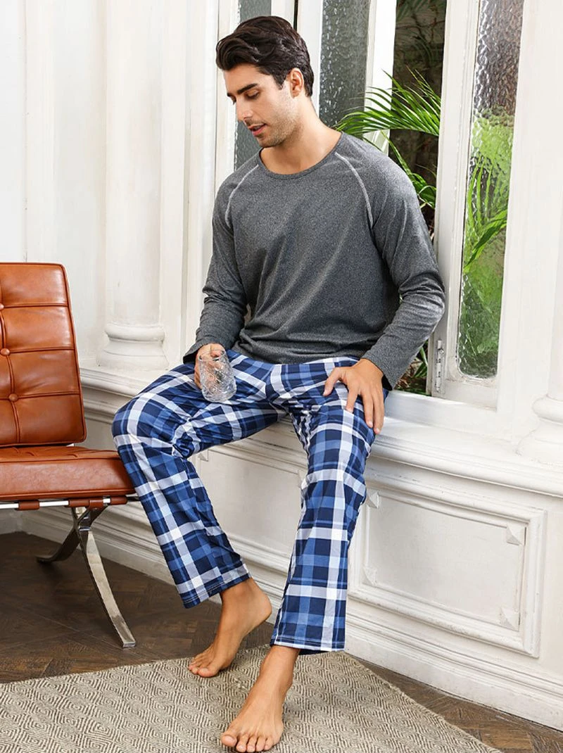 

Men's Plaid Print Pajama Set Casual Style Long-Sleeve Round Neck Top And Long Pants Breathable Fabric Fit Sleepwear Nightdress