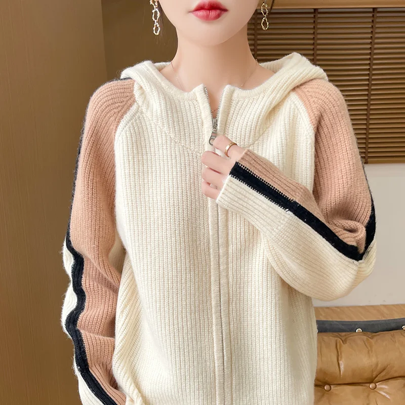 

Осень и зима, новый кардиган из 100% чистой шерсти, женский кардиган на молнии с капюшоном, одинаковое по цвету пальто, свободный тонкий вязаный свитер